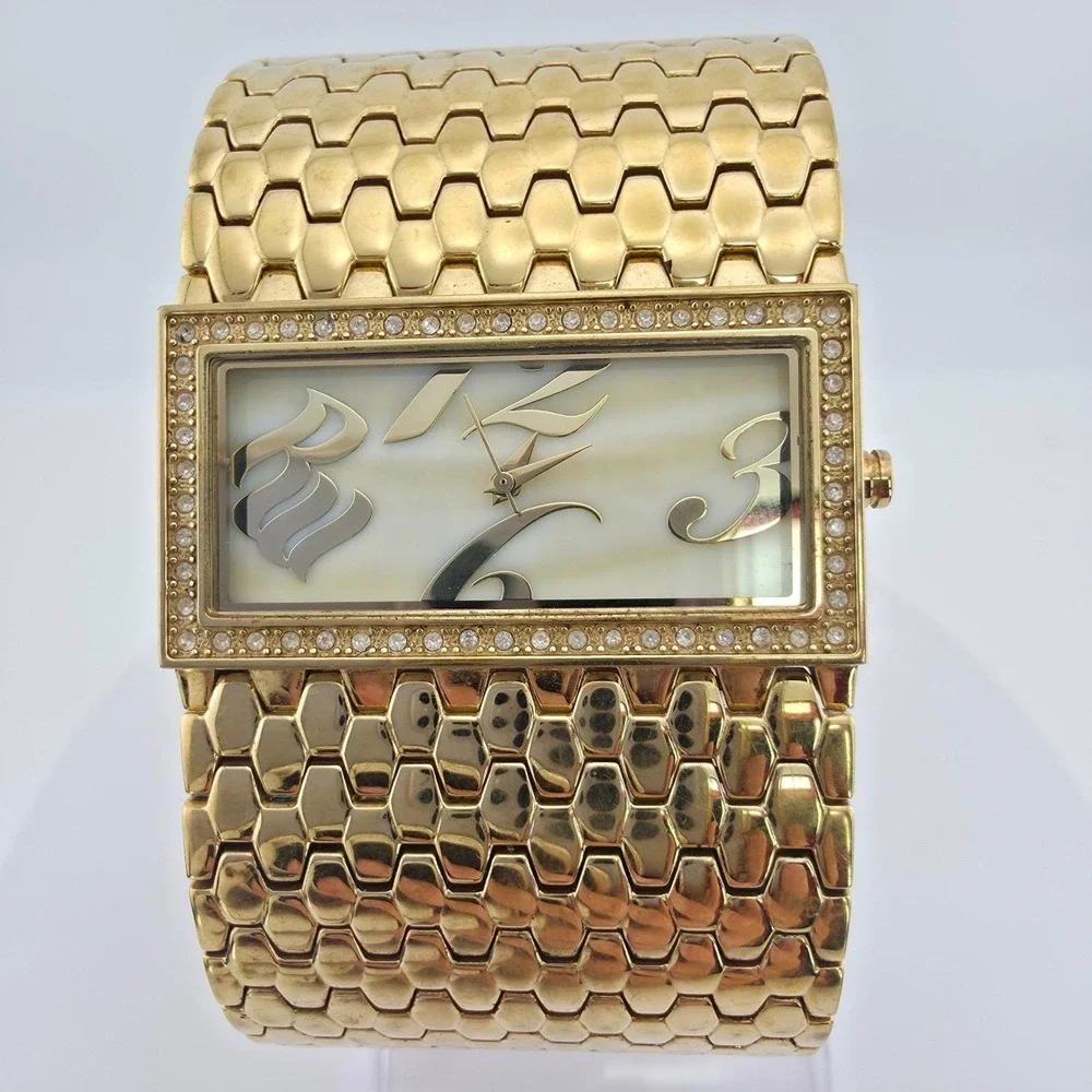 ROCAWEAR Ladies Wide Watch Mother Of Pearl Dial Crystal Bezel Gold Plate 7.75